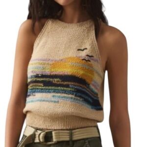 Pilcro Scenic Sunset Small Graphic Sweater Tank Top Halter Knit Cream Beach